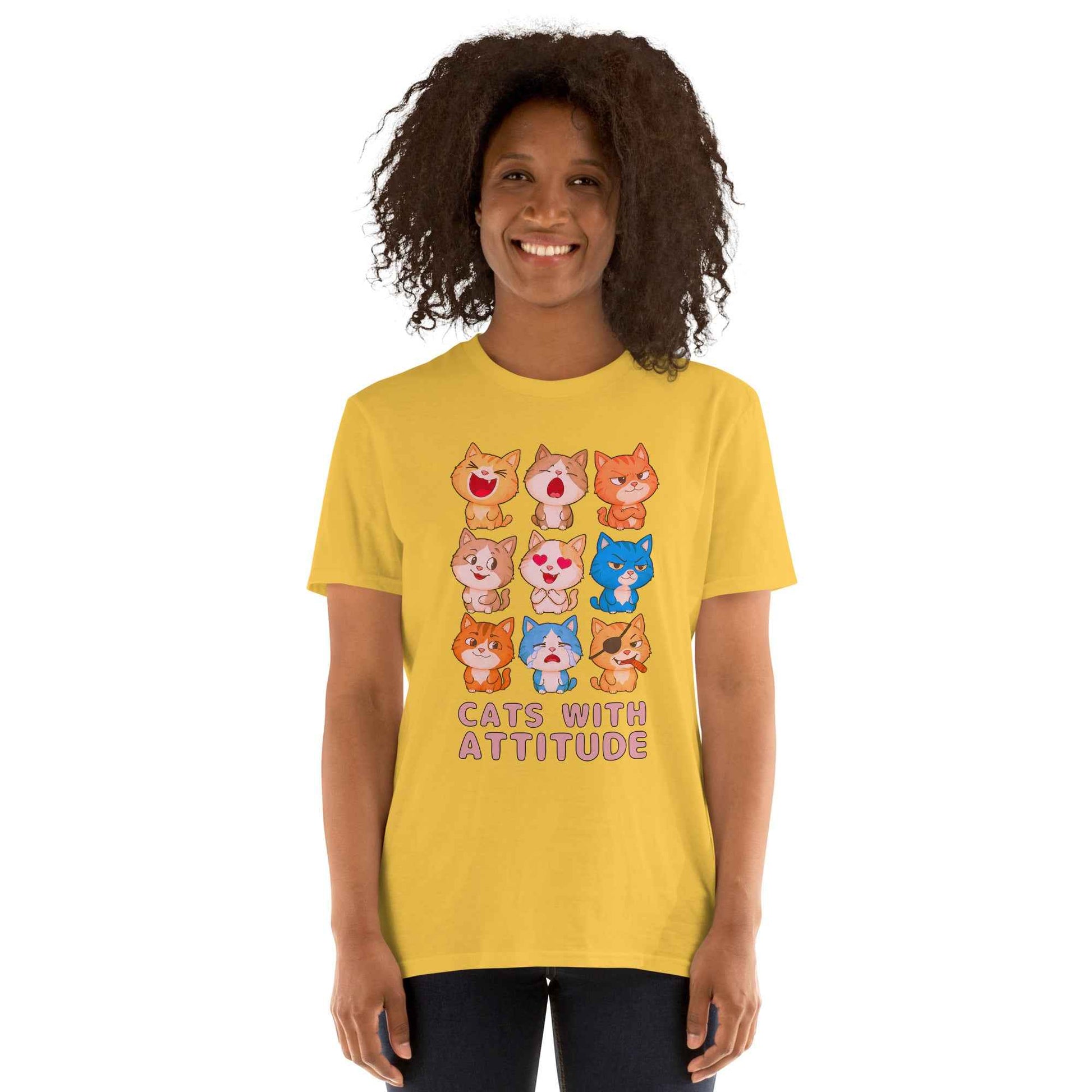 Cats With Attitude T-Shirt - 9 Expressive Cartoon Cats Graphic | Funny Chibi Cat Design Unisex Tee