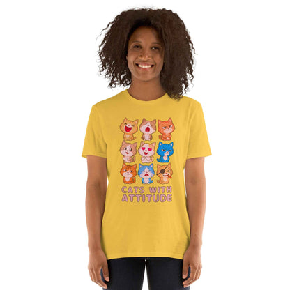Cats With Attitude T-Shirt - 9 Expressive Cartoon Cats Graphic | Funny Chibi Cat Design Unisex Tee
