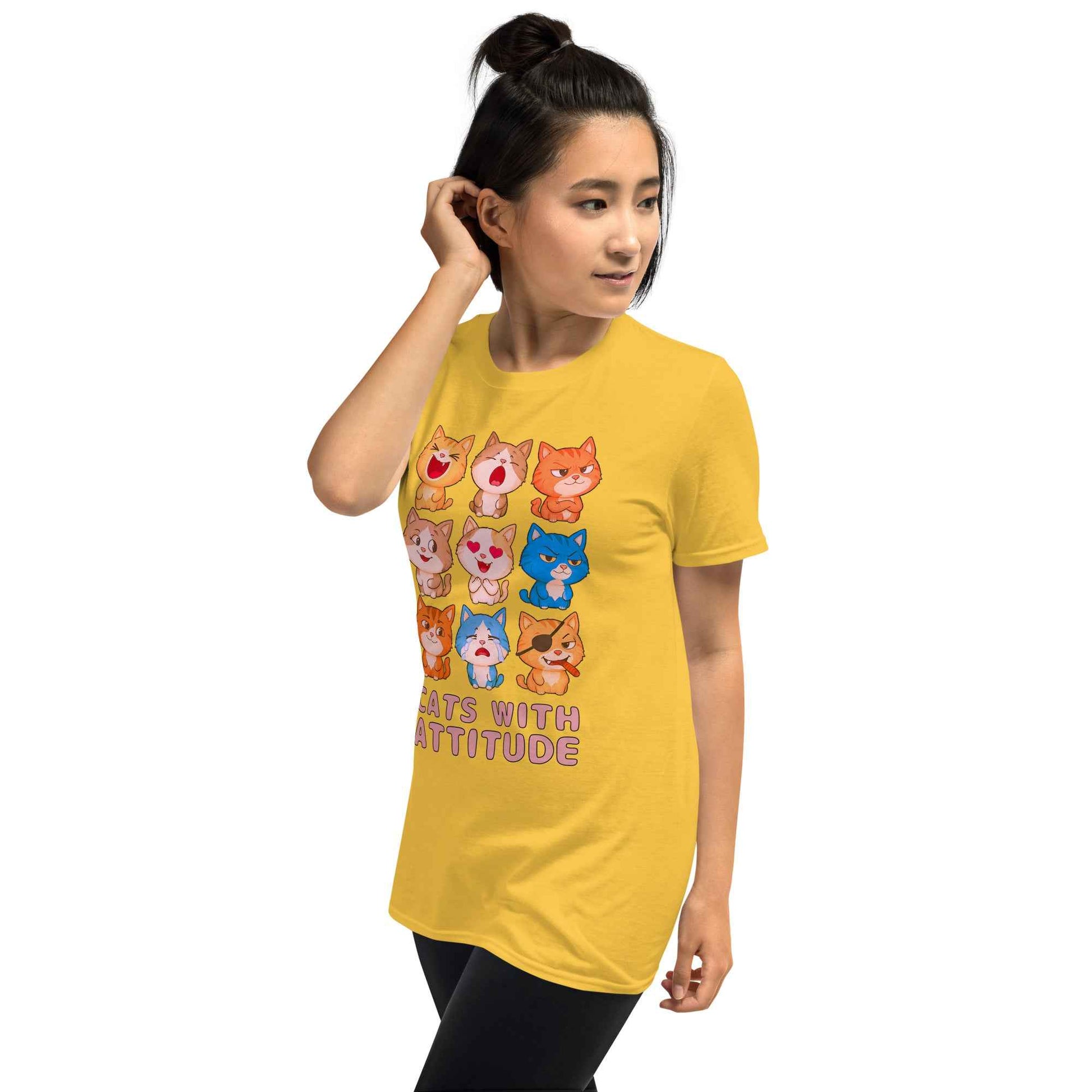 Cats With Attitude T-Shirt - 9 Expressive Cartoon Cats Graphic | Funny Chibi Cat Design Unisex Tee