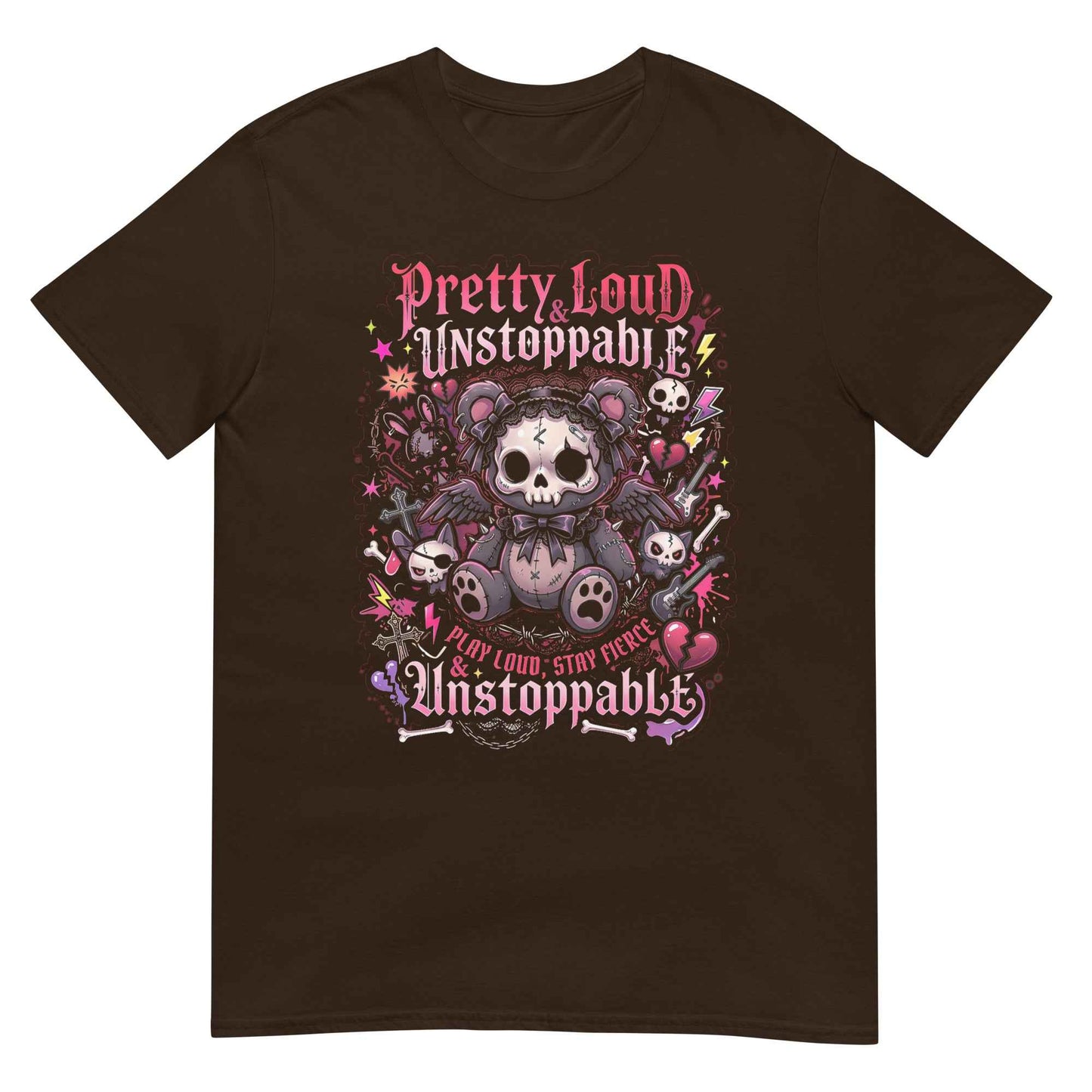 Pretty Loud & Unstoppable Skull Teddy Punk T-Shirt - Gothic Cute Rock Graphic | Alternative Streetwear Unisex Tee