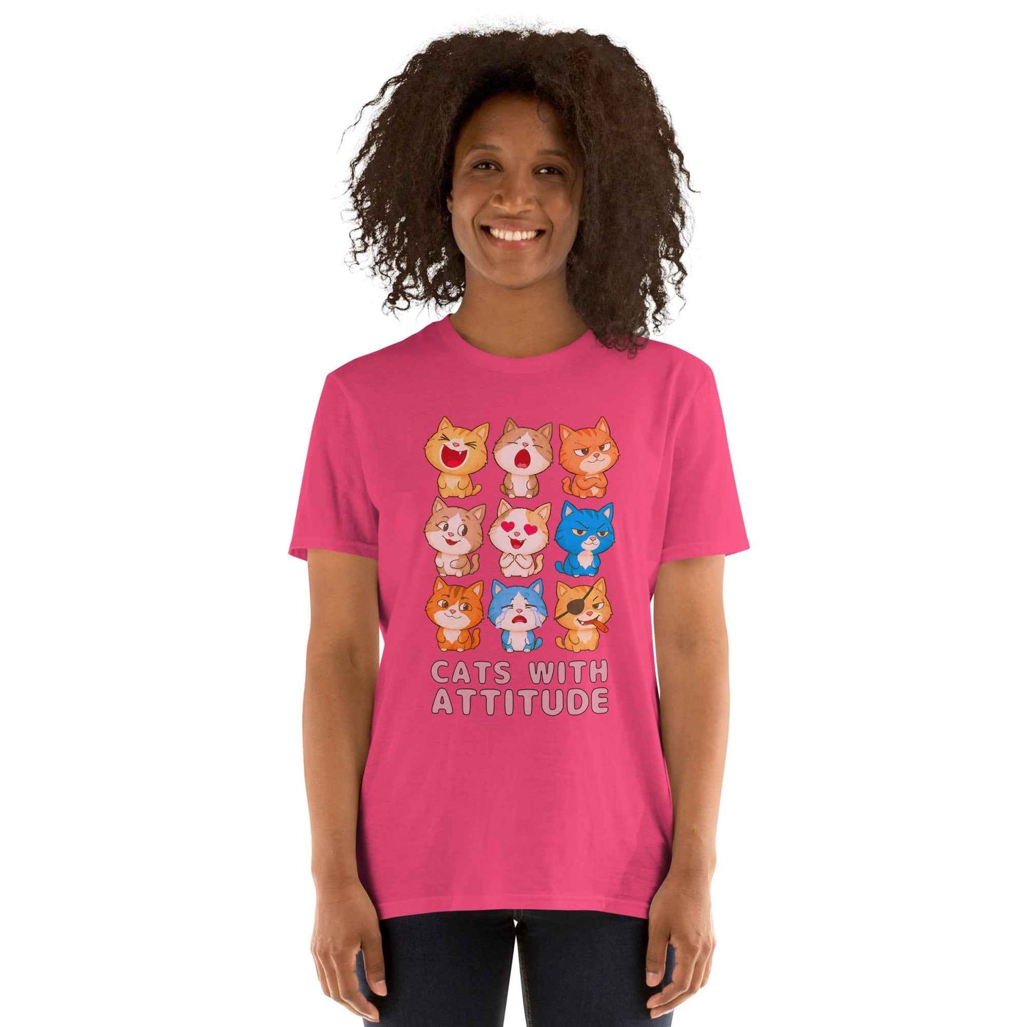 Cats With Attitude T-Shirt - 9 Expressive Cartoon Cats Graphic | Funny Chibi Cat Design Unisex Tee