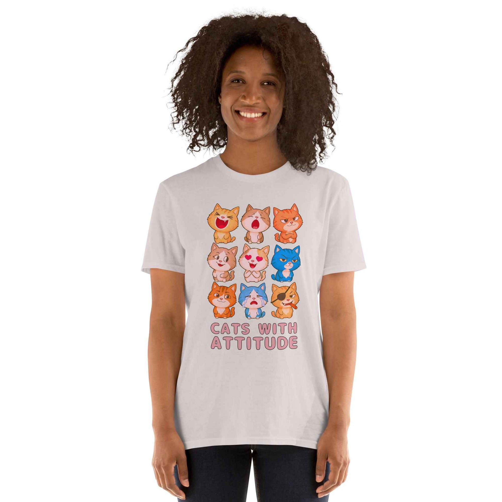 Cats With Attitude T-Shirt - 9 Expressive Cartoon Cats Graphic | Funny Chibi Cat Design Unisex Tee