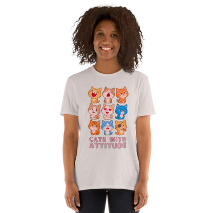 Cats With Attitude T-Shirt - 9 Expressive Cartoon Cats Graphic | Funny Chibi Cat Design Unisex Tee