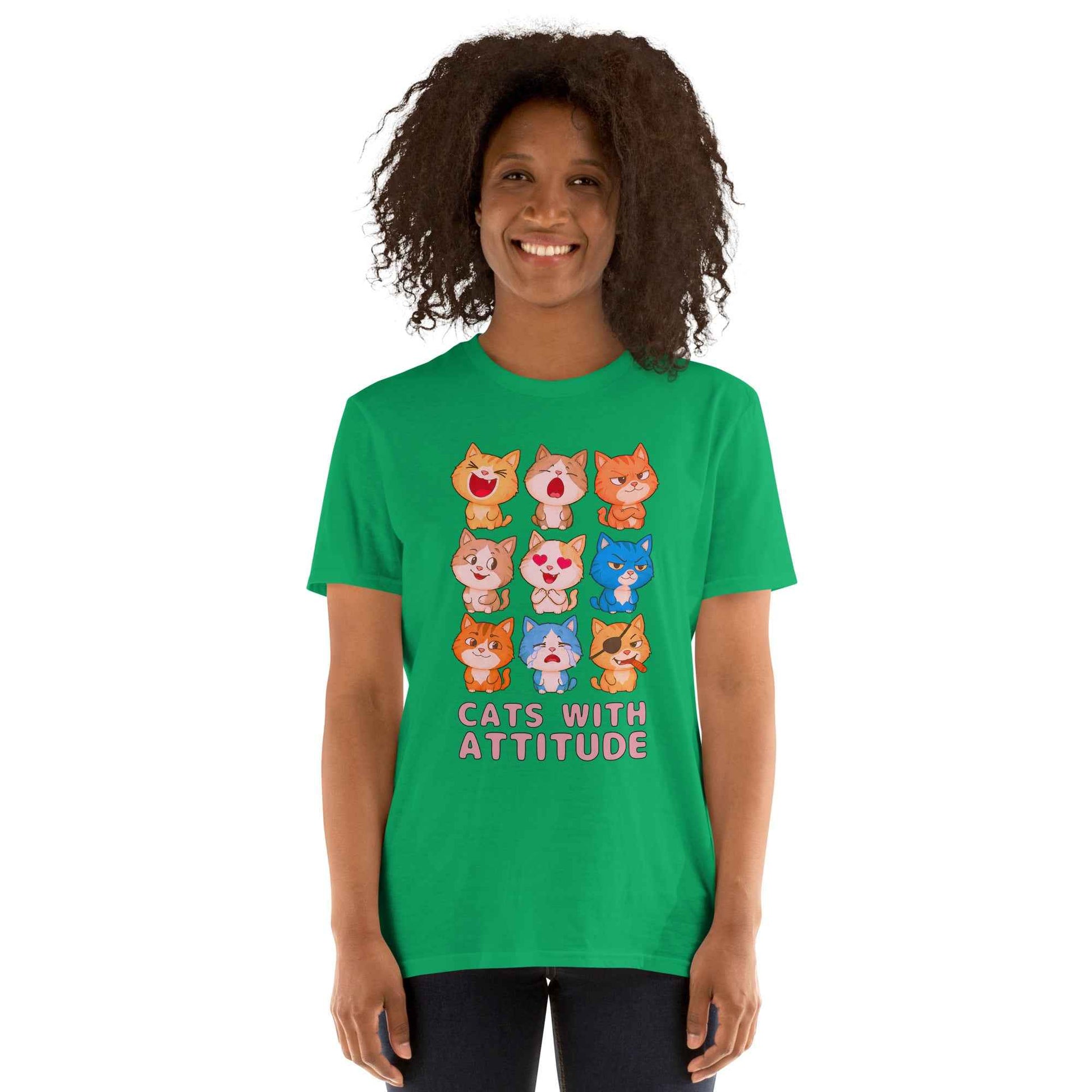 Cats With Attitude T-Shirt - 9 Expressive Cartoon Cats Graphic | Funny Chibi Cat Design Unisex Tee