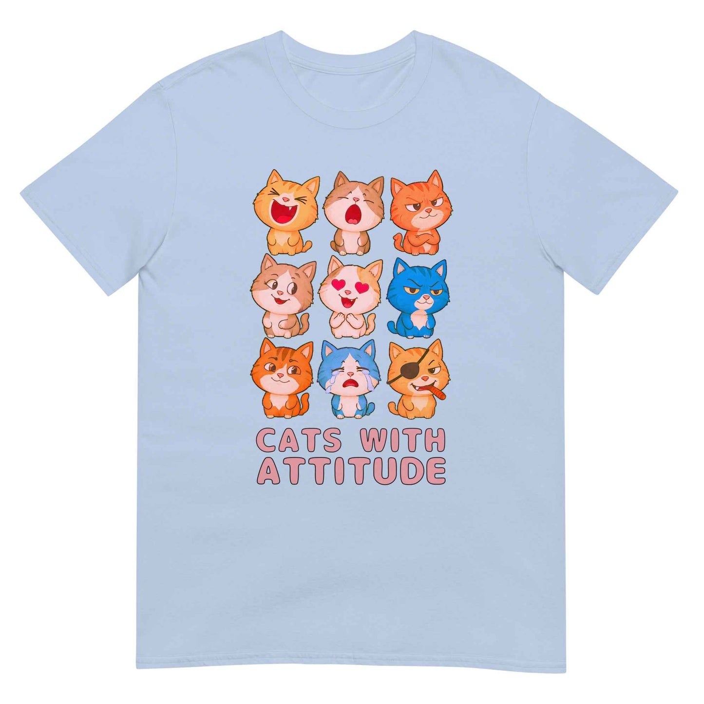Cats With Attitude T-Shirt - 9 Expressive Cartoon Cats Graphic | Funny Chibi Cat Design Unisex Tee