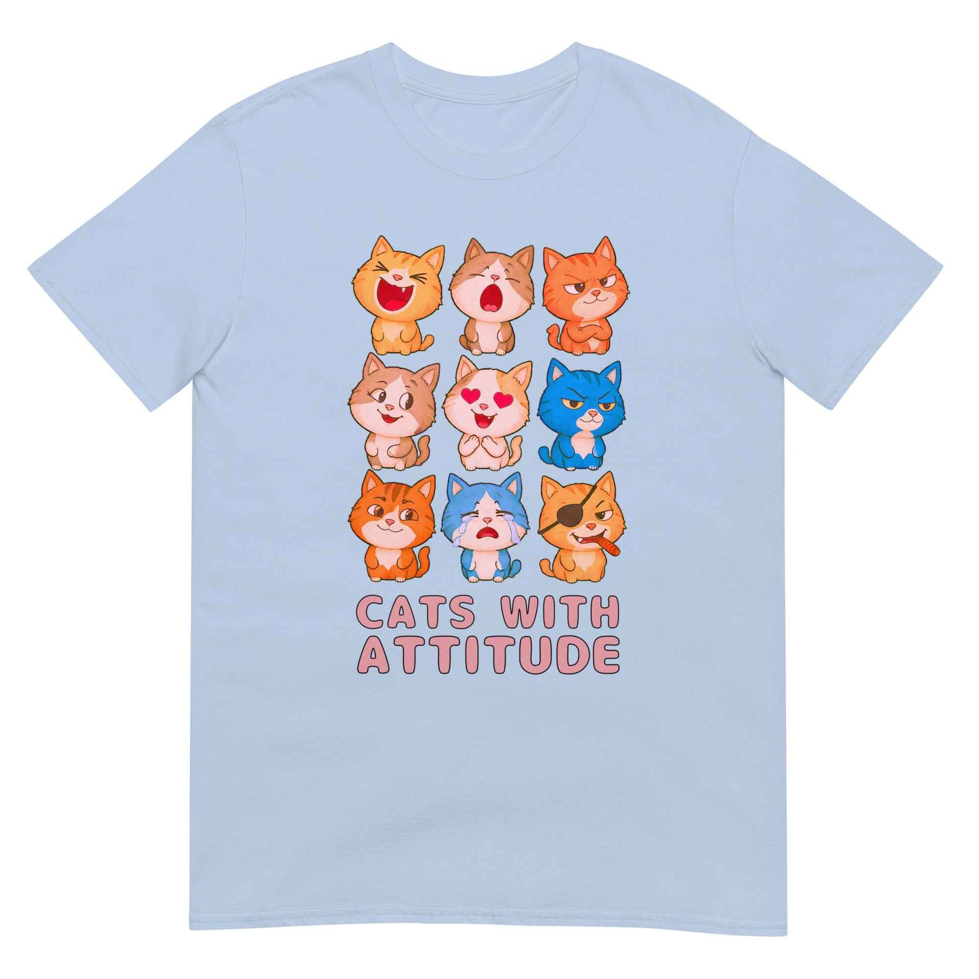 Cats With Attitude T-Shirt - 9 Expressive Cartoon Cats Graphic | Funny Chibi Cat Design Unisex Tee