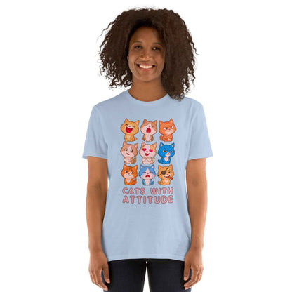 Cats With Attitude T-Shirt - 9 Expressive Cartoon Cats Graphic | Funny Chibi Cat Design Unisex Tee