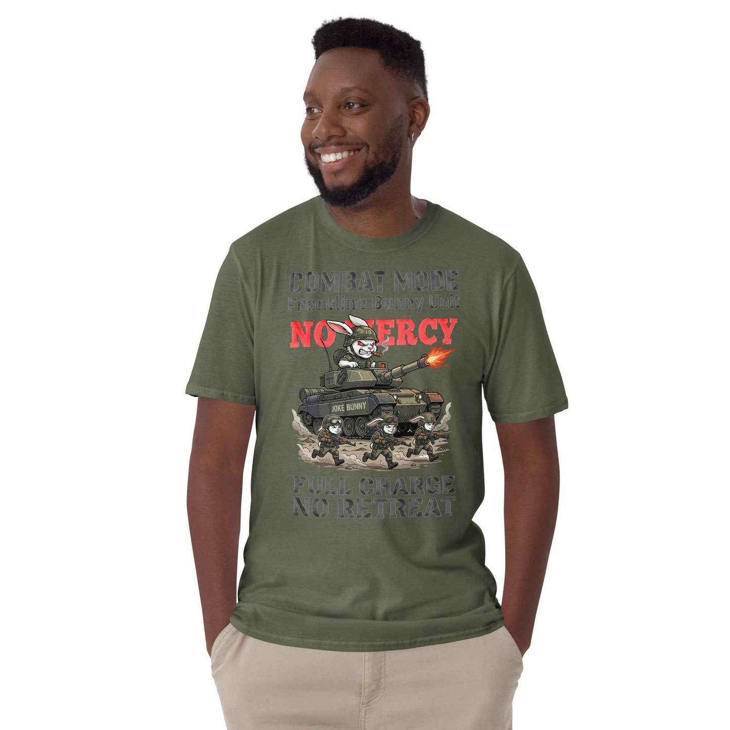 Combat Mode Bunny T-Shirt - Frontline Bunny Unit Military Graphic | Streetwear Rabbit Tank Design