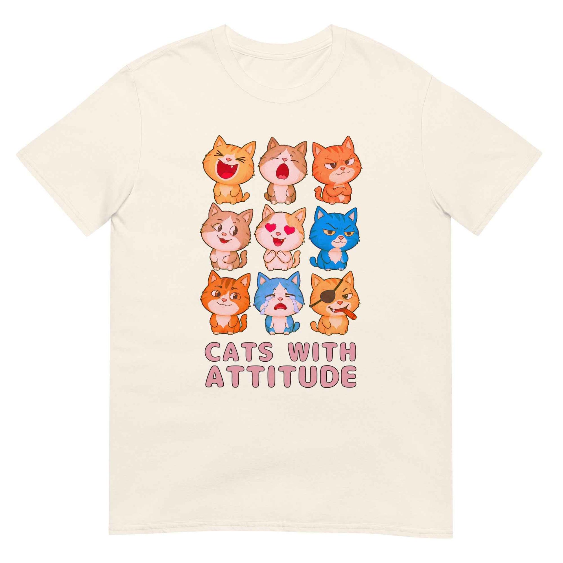 Cats With Attitude T-Shirt - 9 Expressive Cartoon Cats Graphic | Funny Chibi Cat Design Unisex Tee
