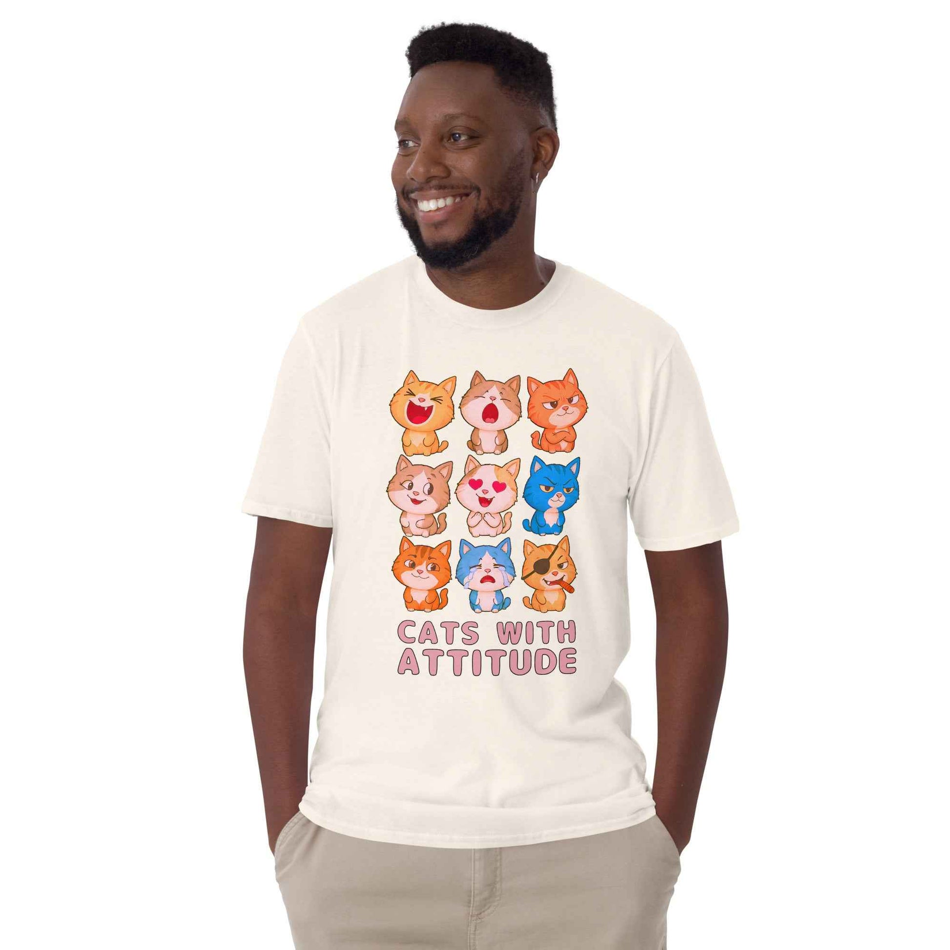 Cats With Attitude T-Shirt - 9 Expressive Cartoon Cats Graphic | Funny Chibi Cat Design Unisex Tee