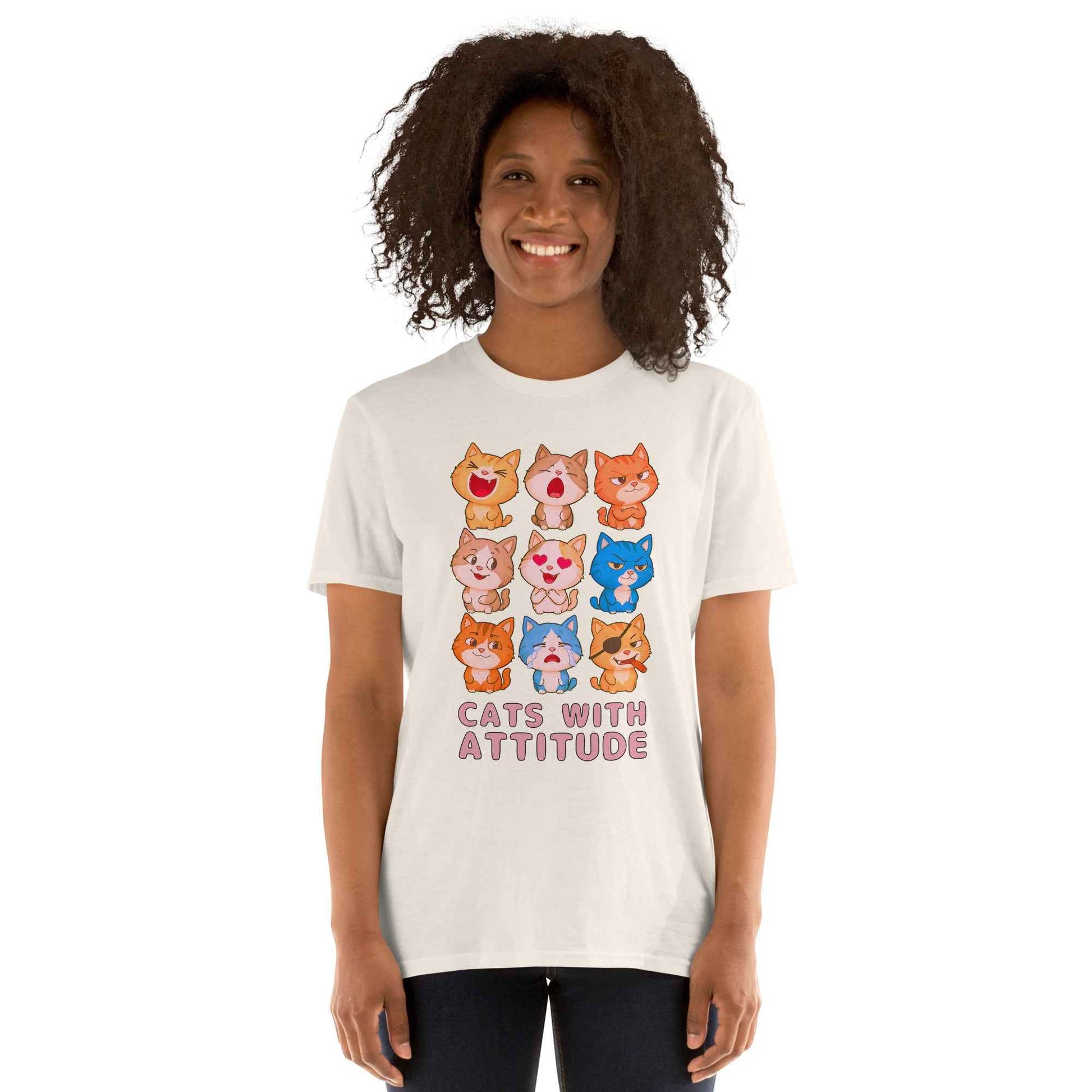 Cats With Attitude T-Shirt - 9 Expressive Cartoon Cats Graphic | Funny Chibi Cat Design Unisex Tee