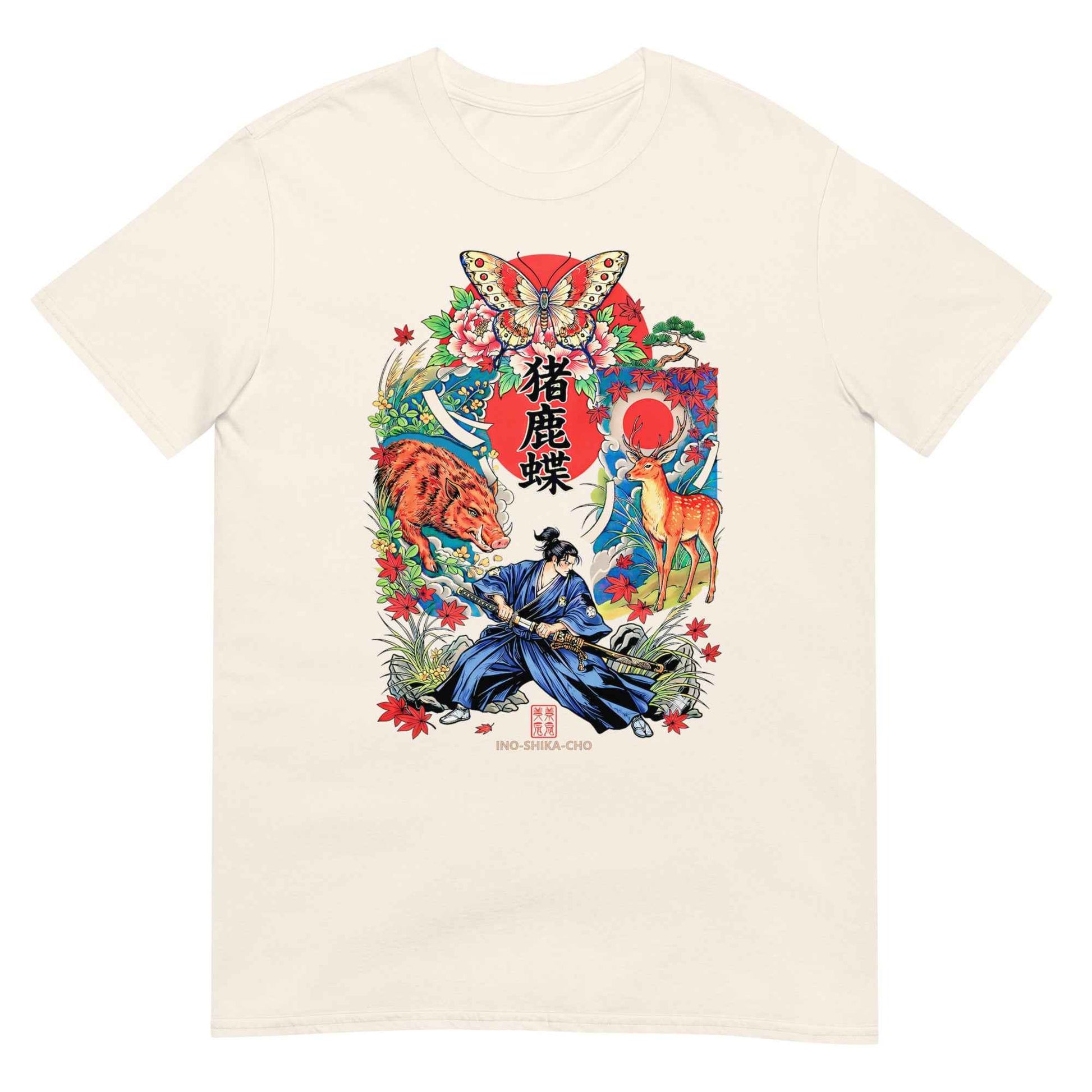 Inoshika-Cho Japanese Samurai T-Shirt – Hanafuda Boar, Deer & Butterfly Graphic