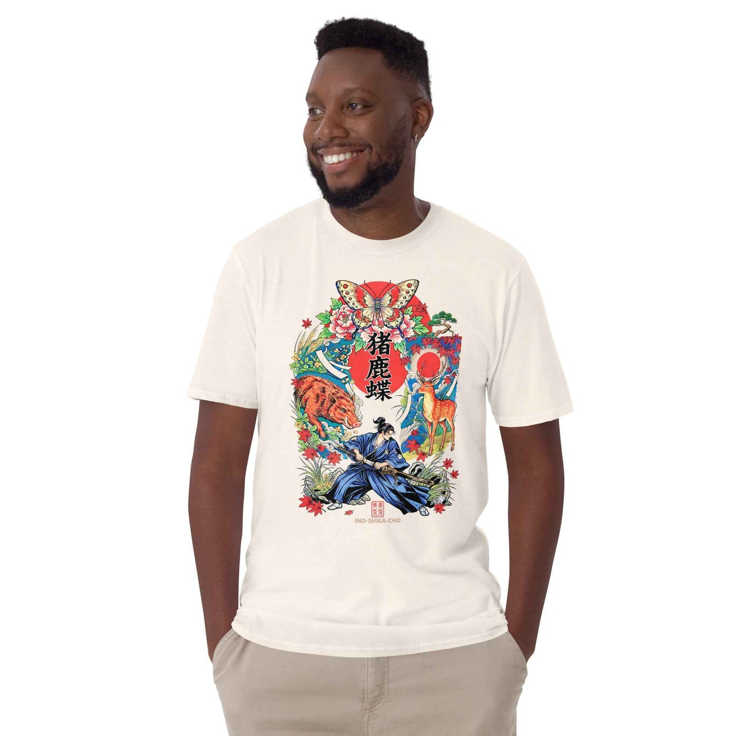 Inoshika-Cho Japanese Samurai T-Shirt – Hanafuda Boar, Deer & Butterfly Graphic