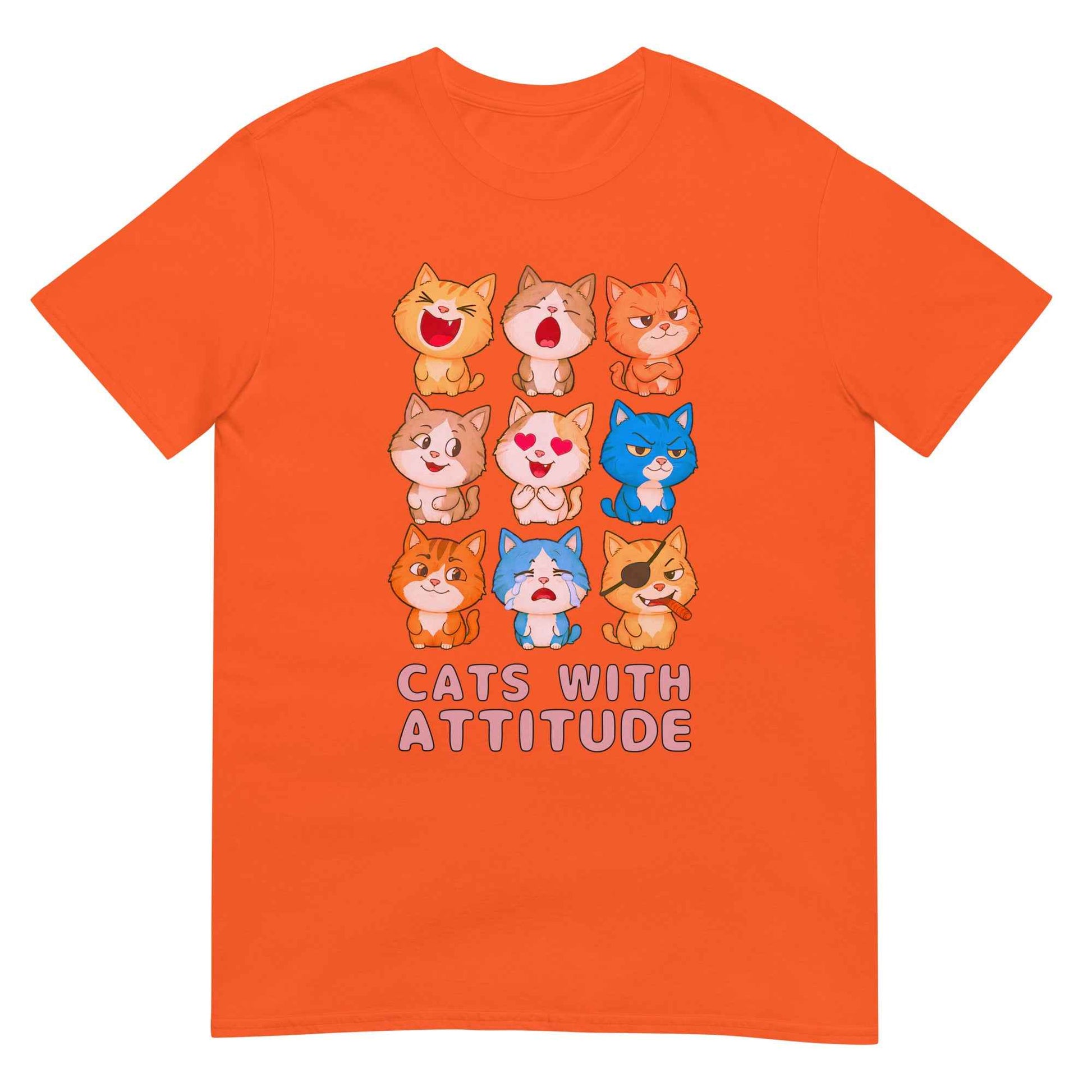 Cats With Attitude T-Shirt - 9 Expressive Cartoon Cats Graphic | Funny Chibi Cat Design Unisex Tee