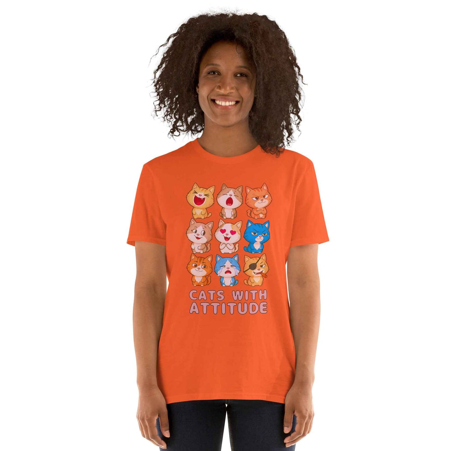 Cats With Attitude T-Shirt - 9 Expressive Cartoon Cats Graphic | Funny Chibi Cat Design Unisex Tee