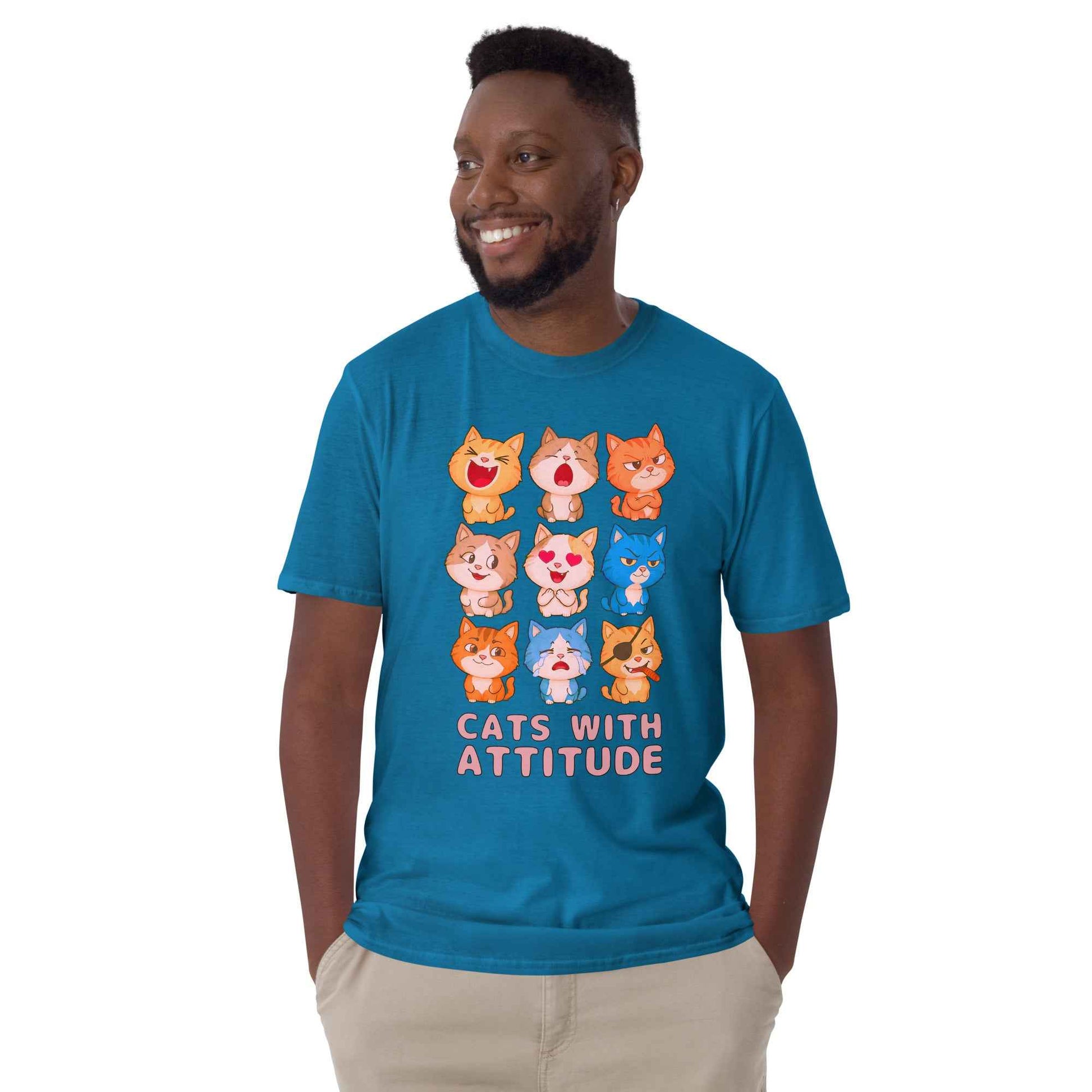 Cats With Attitude T-Shirt - 9 Expressive Cartoon Cats Graphic | Funny Chibi Cat Design Unisex Tee