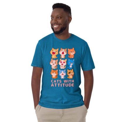 Cats With Attitude T-Shirt - 9 Expressive Cartoon Cats Graphic | Funny Chibi Cat Design Unisex Tee
