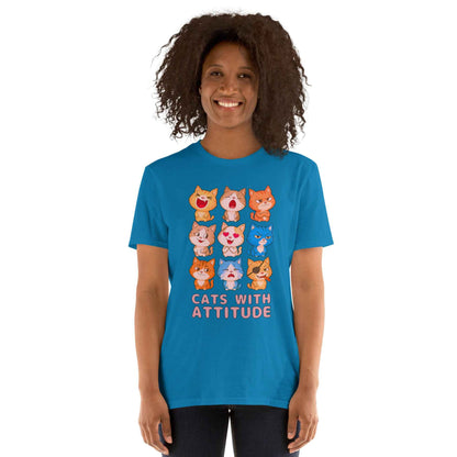 Cats With Attitude T-Shirt - 9 Expressive Cartoon Cats Graphic | Funny Chibi Cat Design Unisex Tee