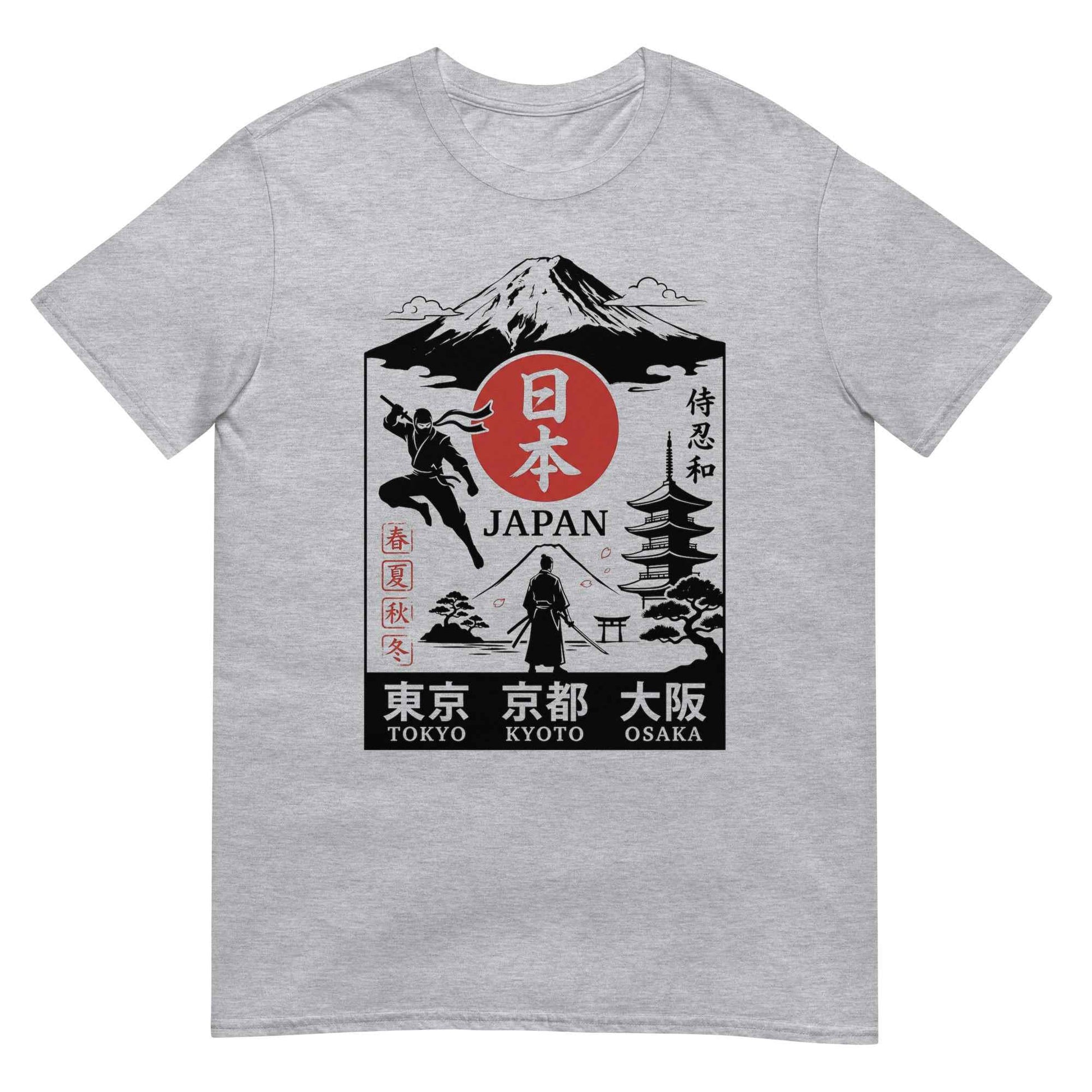 T-244-B　Japan Souvenir Graphic T-Shirt | Mount Fuji Samurai Ninja Pagoda | Tokyo Kyoto Osaka