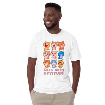 Cats With Attitude T-Shirt - 9 Expressive Cartoon Cats Graphic | Funny Chibi Cat Design Unisex Tee