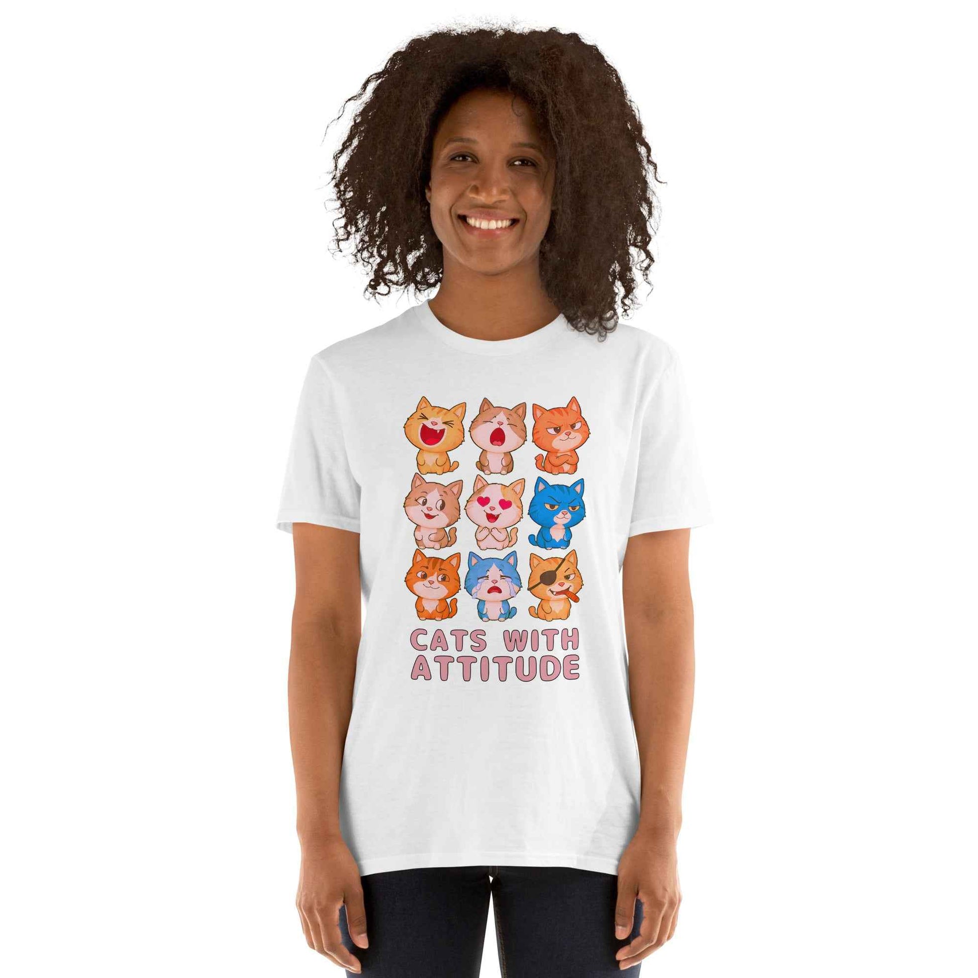 Cats With Attitude T-Shirt - 9 Expressive Cartoon Cats Graphic | Funny Chibi Cat Design Unisex Tee