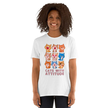 Cats With Attitude T-Shirt - 9 Expressive Cartoon Cats Graphic | Funny Chibi Cat Design Unisex Tee