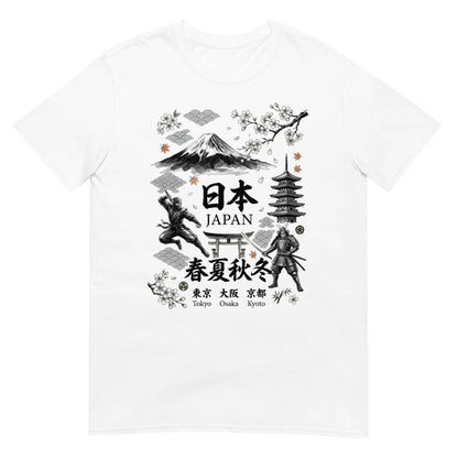 Japan Souvenir T-Shirt | Hinomaru Rising Sun Kanji Design | Mt. Fuji Ninja Samurai Pagoda
