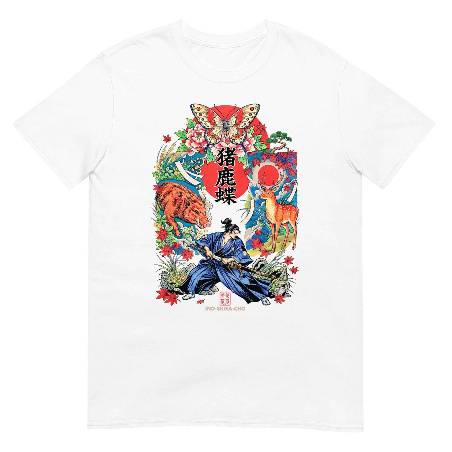 Inoshika-Cho Japanese Samurai T-Shirt – Hanafuda Boar, Deer & Butterfly Graphic