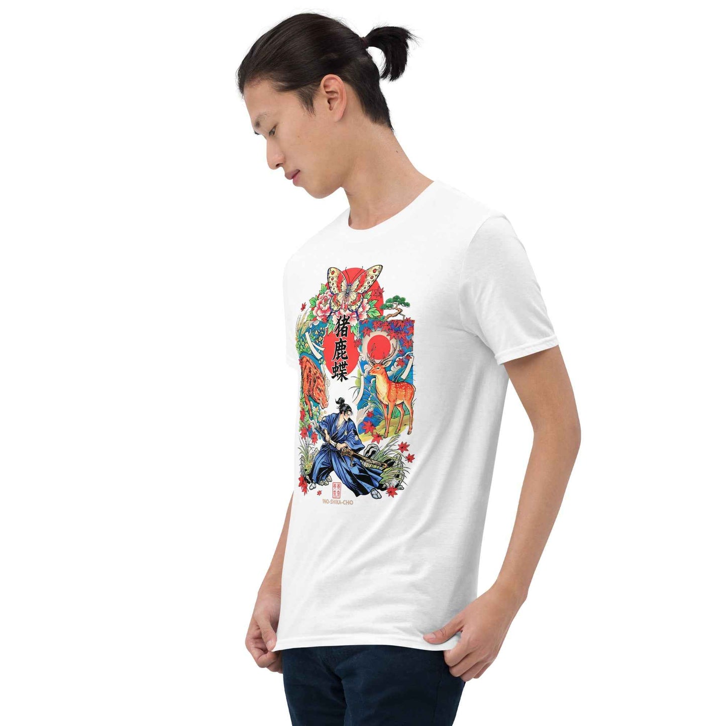 Inoshika-Cho Japanese Samurai T-Shirt – Hanafuda Boar, Deer & Butterfly Graphic