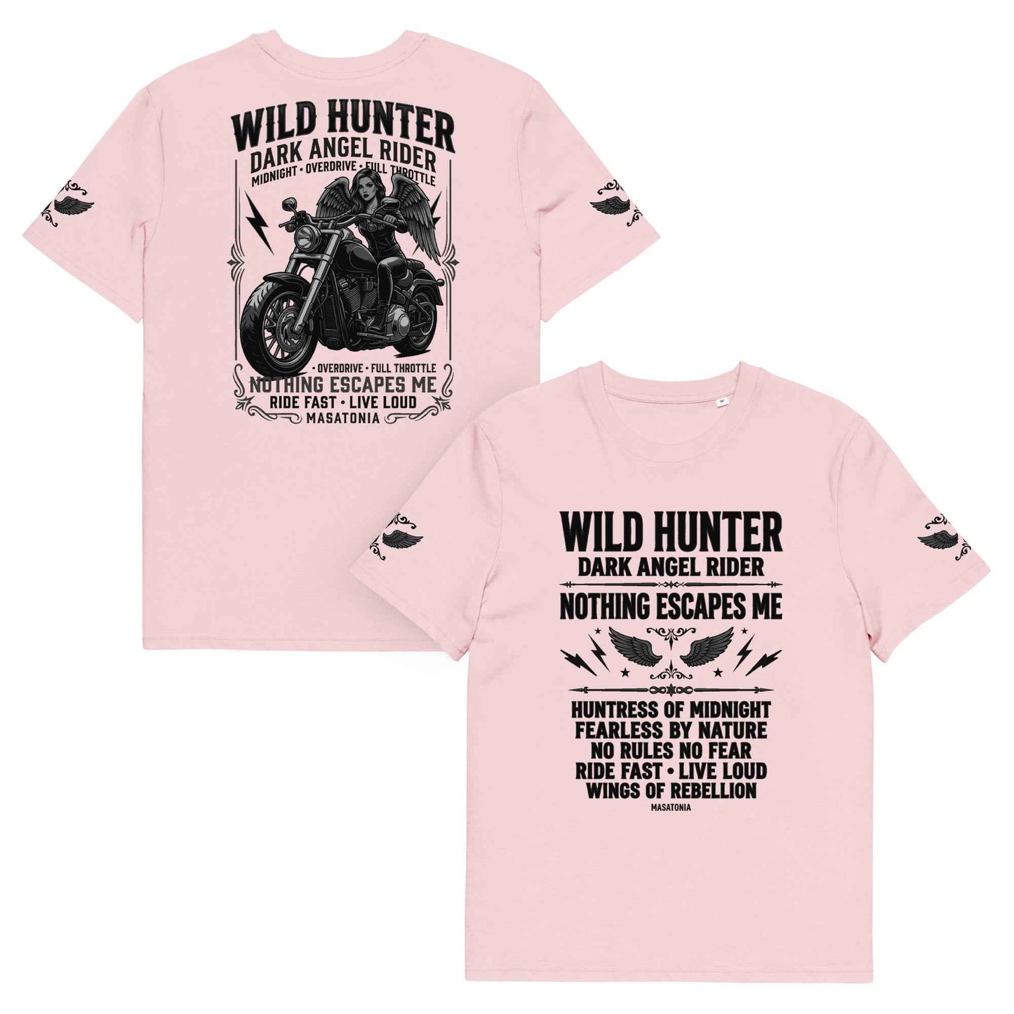 WILD LADY HUNTER T-Shirt - Monotone Biker Graphic Tee | Front, Back & Sleeve Prints | OVERDRIVE Edition | European Fashion Fit
