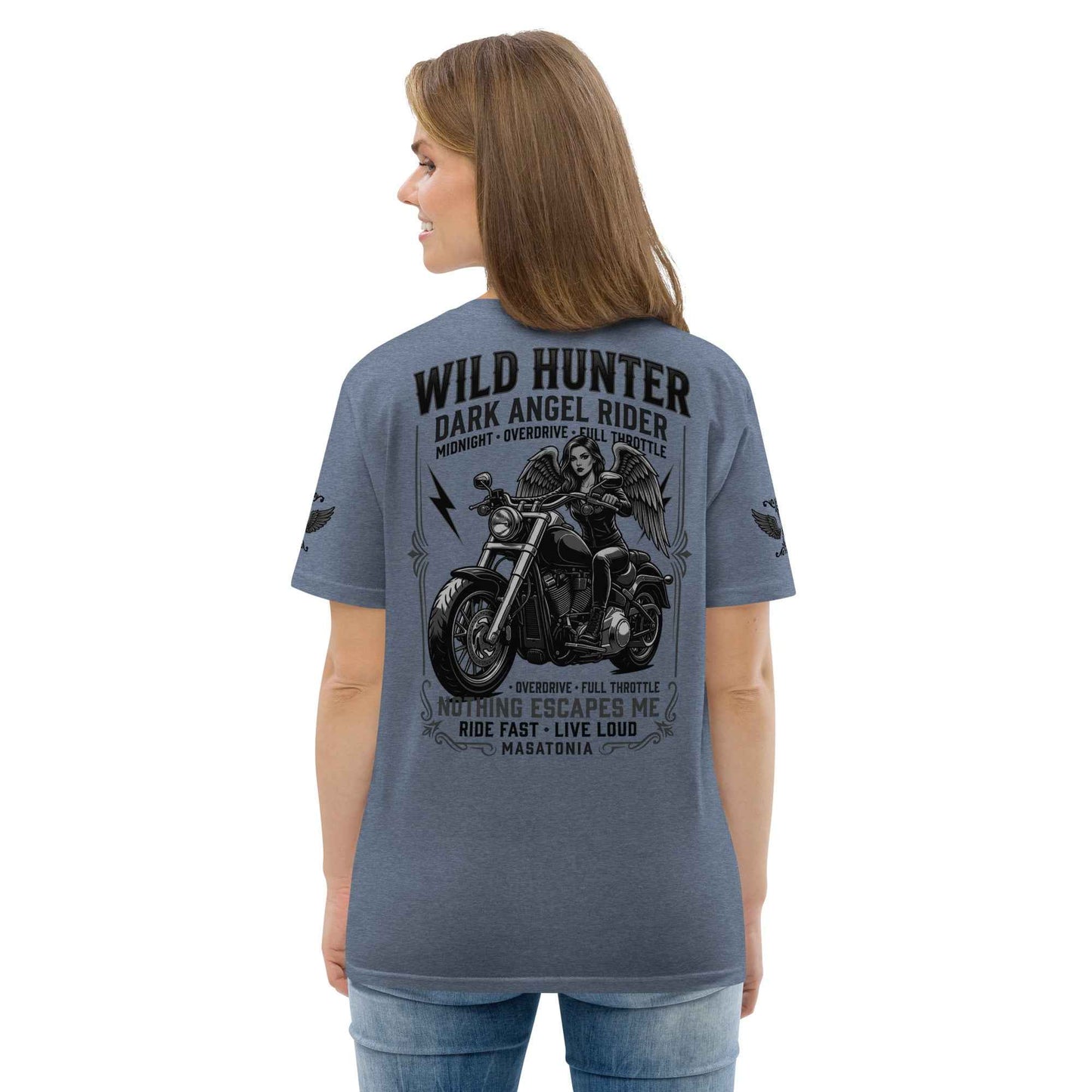 WILD LADY HUNTER T-Shirt - Monotone Biker Graphic Tee | Front, Back & Sleeve Prints | OVERDRIVE Edition | European Fashion Fit