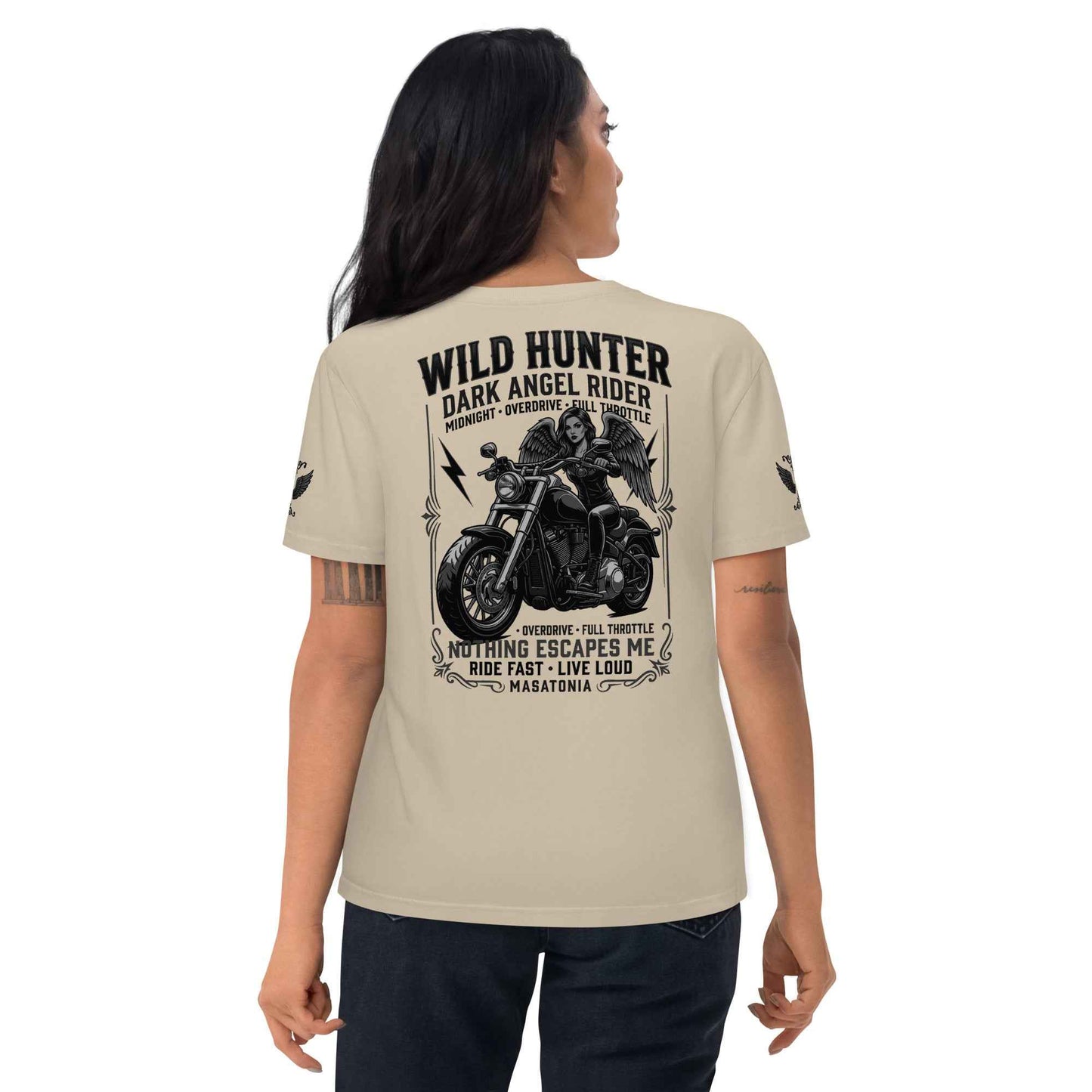 WILD LADY HUNTER T-Shirt - Monotone Biker Graphic Tee | Front, Back & Sleeve Prints | OVERDRIVE Edition | European Fashion Fit