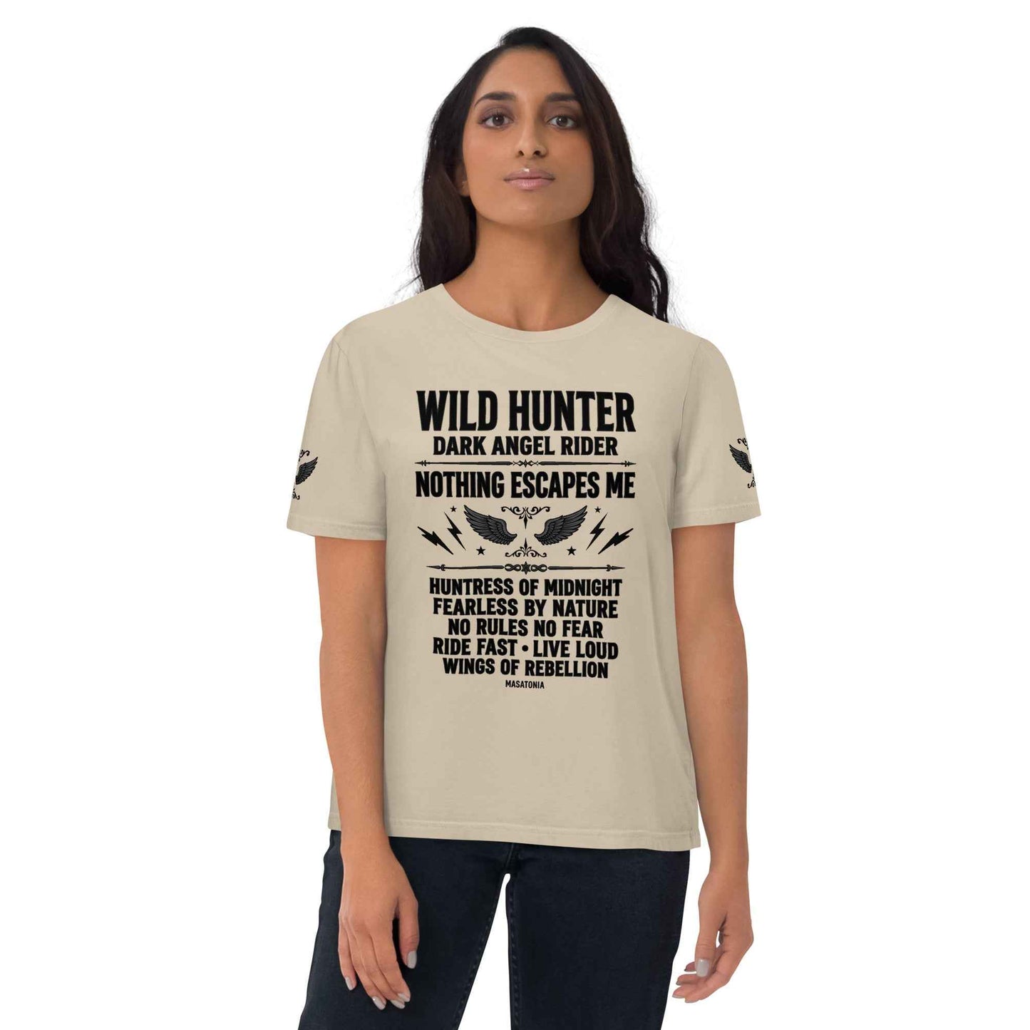 WILD LADY HUNTER T-Shirt - Monotone Biker Graphic Tee | Front, Back & Sleeve Prints | OVERDRIVE Edition | European Fashion Fit