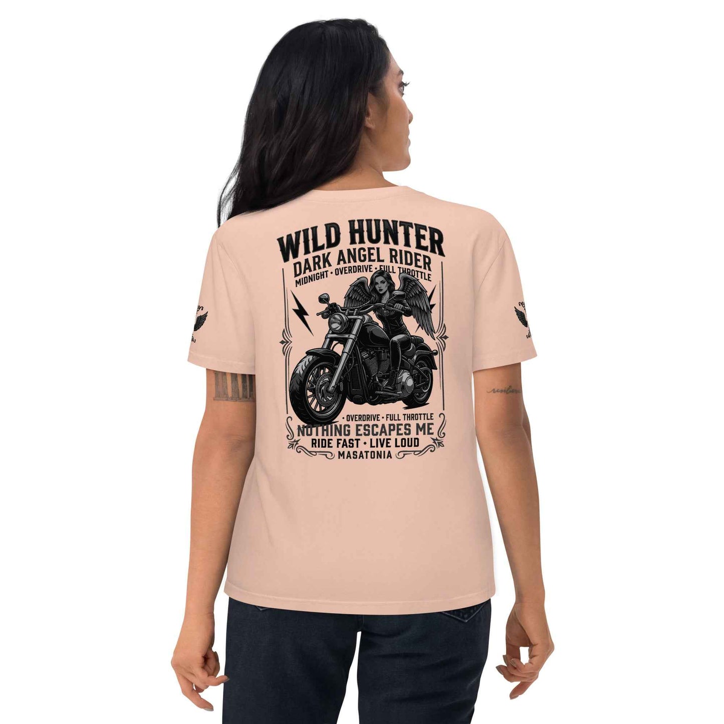 WILD LADY HUNTER T-Shirt - Monotone Biker Graphic Tee | Front, Back & Sleeve Prints | OVERDRIVE Edition | European Fashion Fit