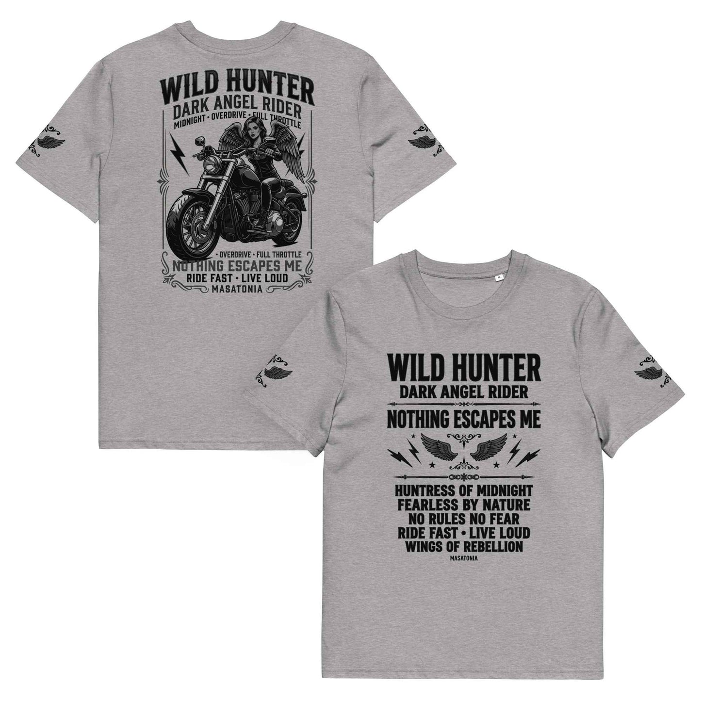 WILD LADY HUNTER T-Shirt - Monotone Biker Graphic Tee | Front, Back & Sleeve Prints | OVERDRIVE Edition | European Fashion Fit