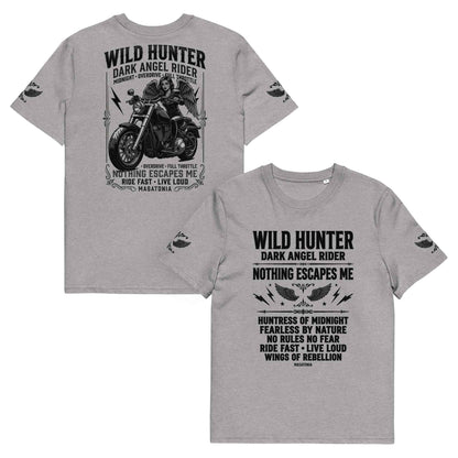 WILD LADY HUNTER T-Shirt - Monotone Biker Graphic Tee | Front, Back & Sleeve Prints | OVERDRIVE Edition | European Fashion Fit
