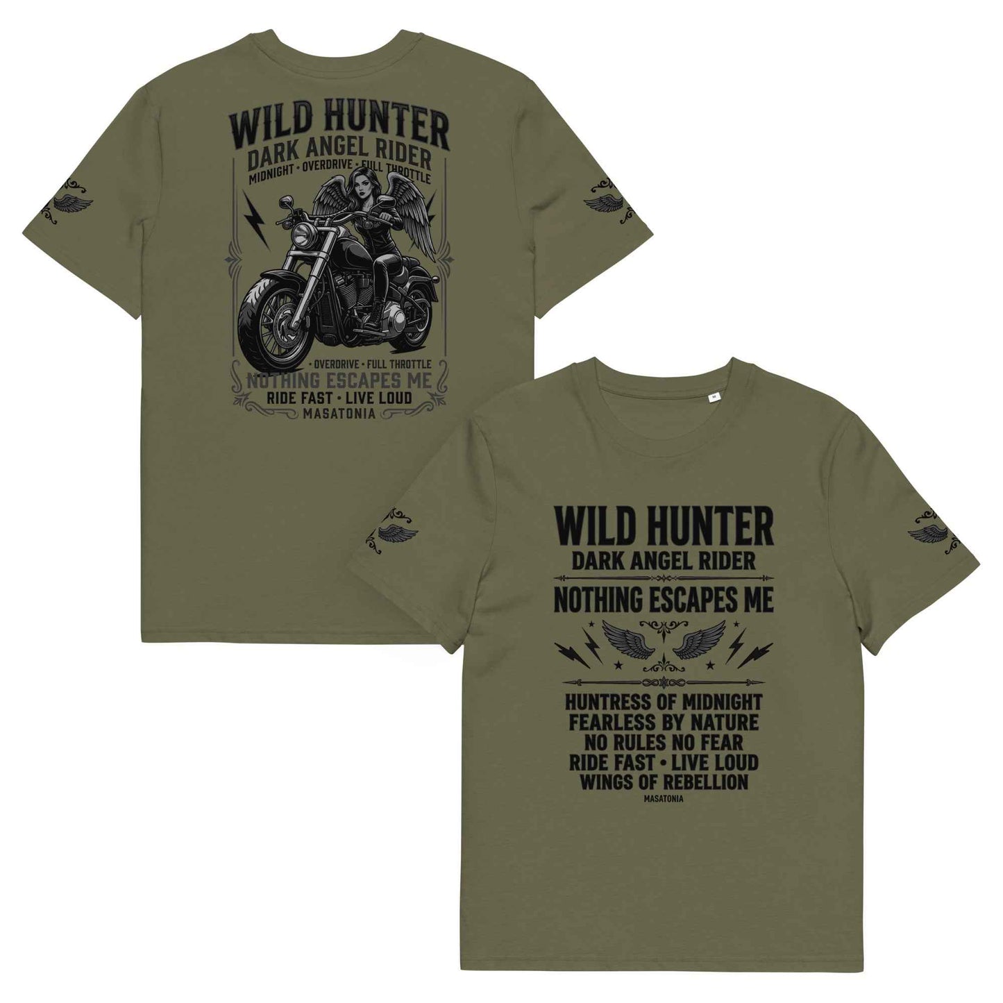 WILD LADY HUNTER T-Shirt - Monotone Biker Graphic Tee | Front, Back & Sleeve Prints | OVERDRIVE Edition | European Fashion Fit