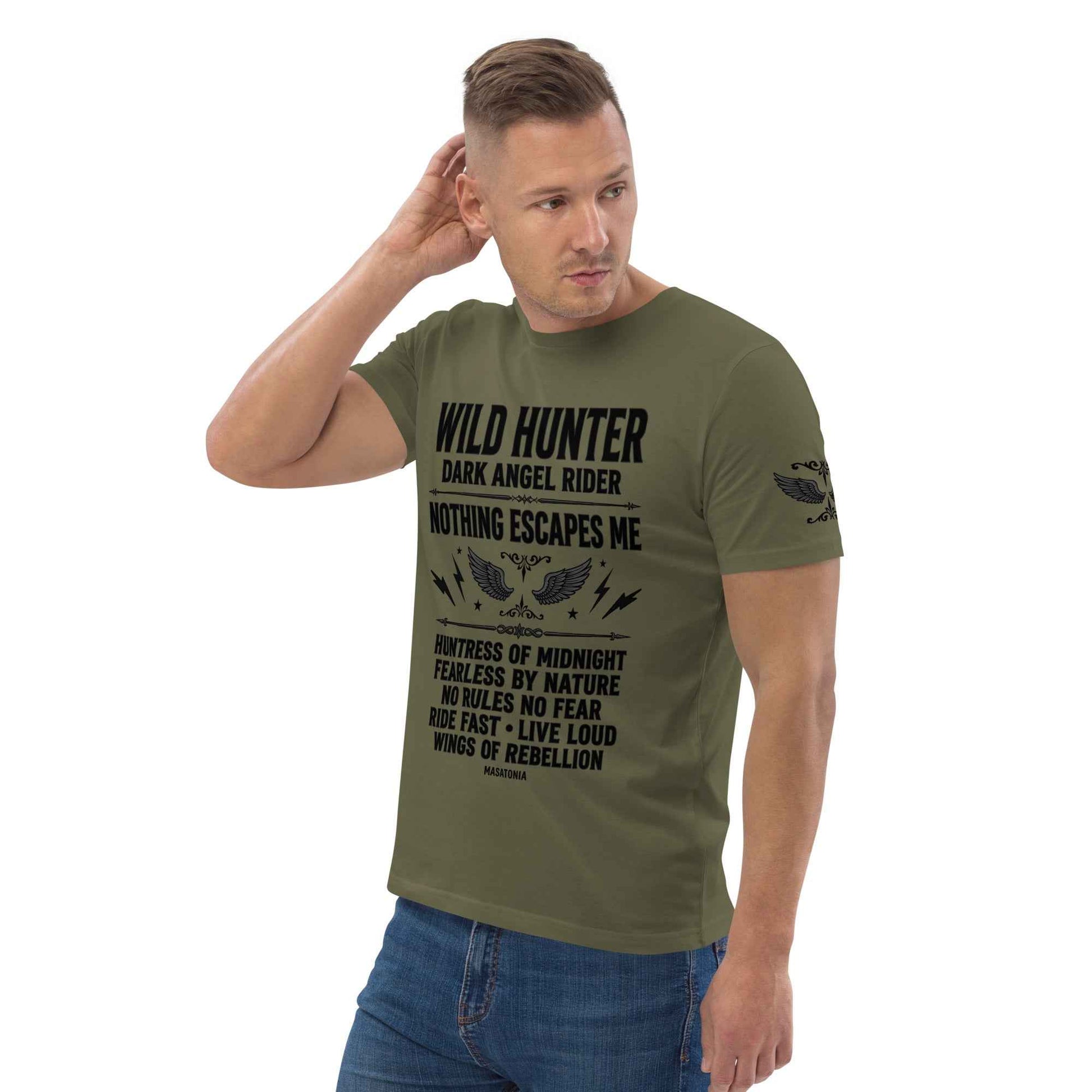 WILD LADY HUNTER T-Shirt - Monotone Biker Graphic Tee | Front, Back & Sleeve Prints | OVERDRIVE Edition | European Fashion Fit