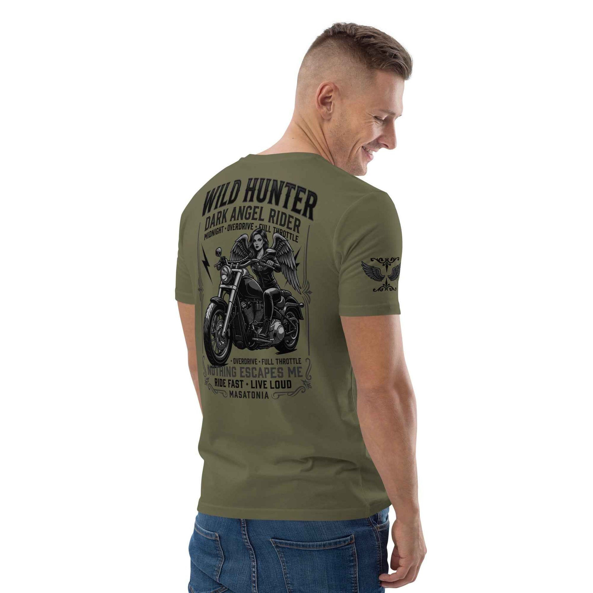 WILD LADY HUNTER T-Shirt - Monotone Biker Graphic Tee | Front, Back & Sleeve Prints | OVERDRIVE Edition | European Fashion Fit