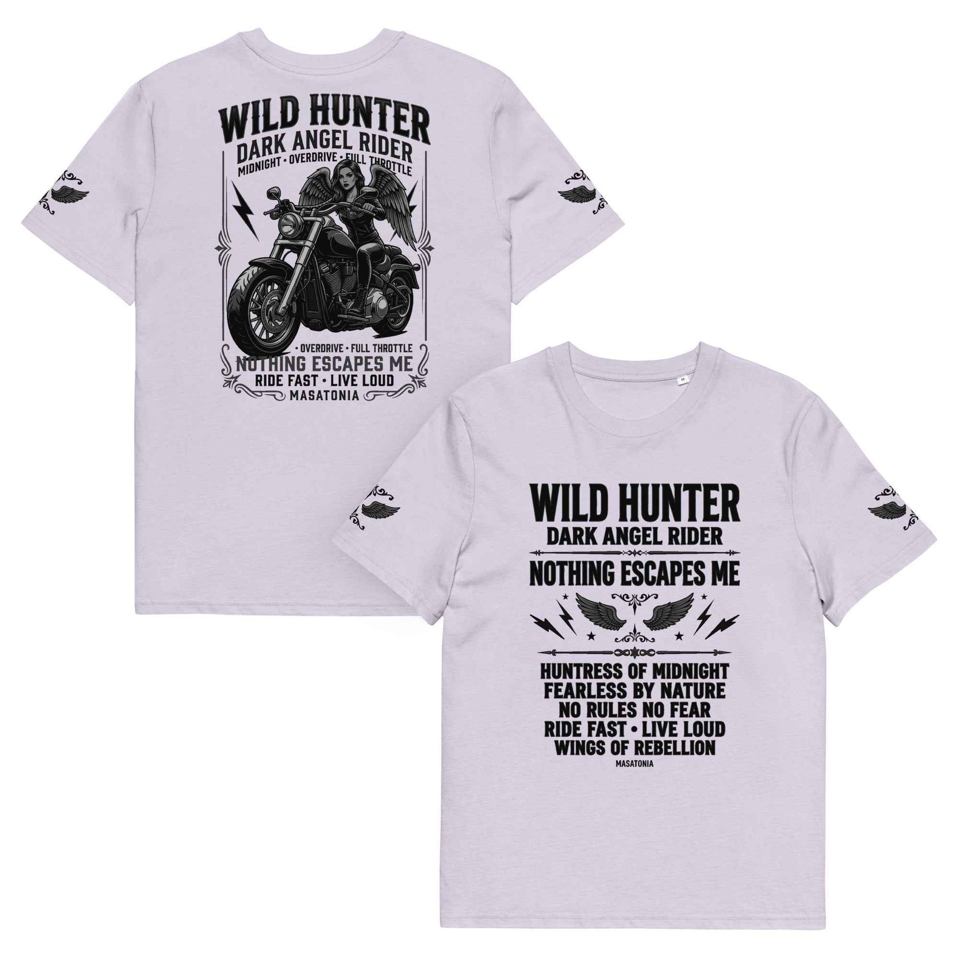 WILD LADY HUNTER T-Shirt - Monotone Biker Graphic Tee | Front, Back & Sleeve Prints | OVERDRIVE Edition | European Fashion Fit