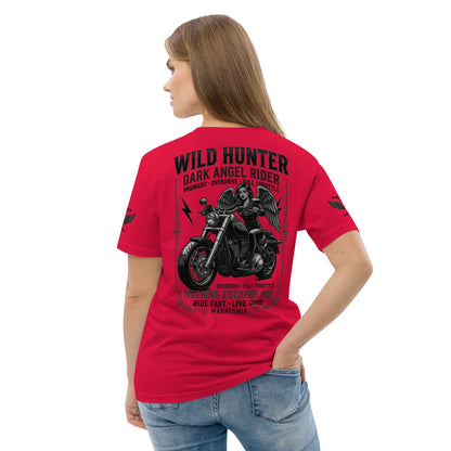 WILD LADY HUNTER T-Shirt - Monotone Biker Graphic Tee | Front, Back & Sleeve Prints | OVERDRIVE Edition | European Fashion Fit