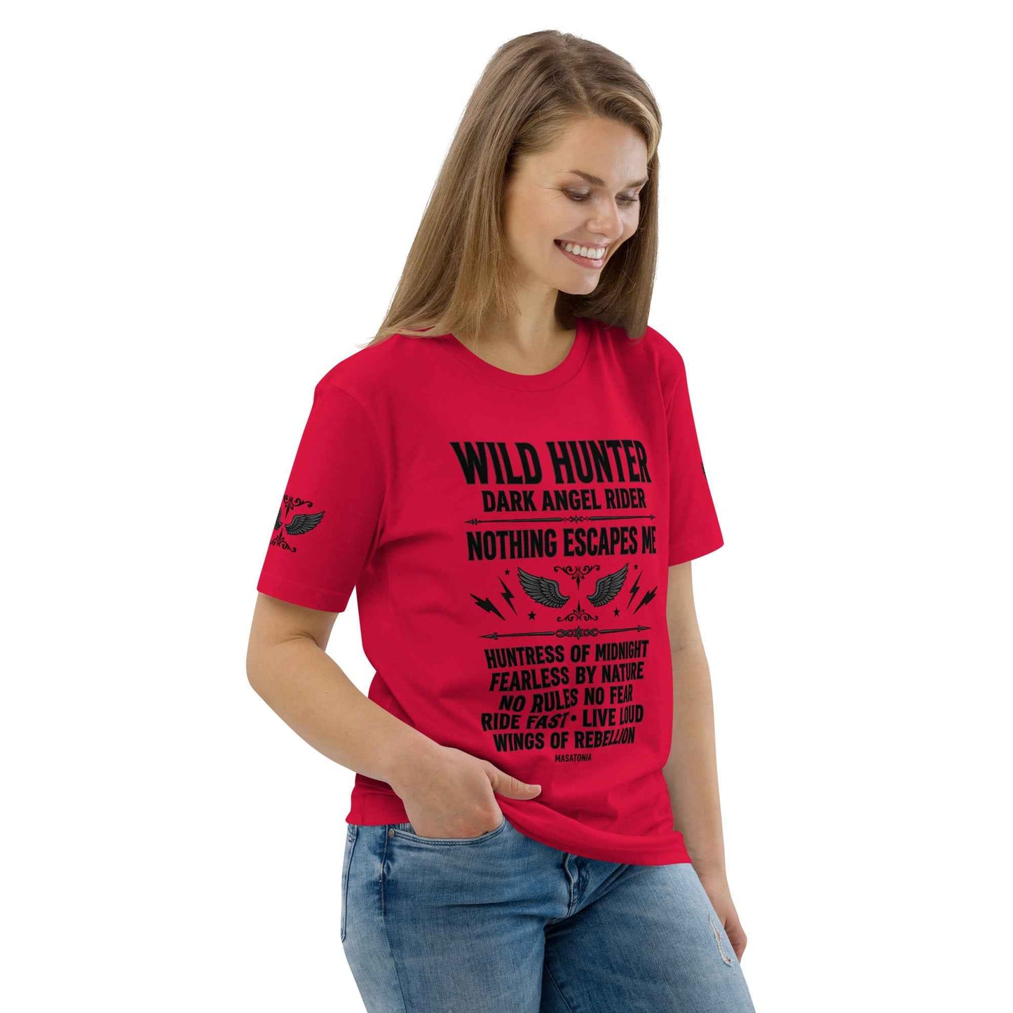 WILD LADY HUNTER T-Shirt - Monotone Biker Graphic Tee | Front, Back & Sleeve Prints | OVERDRIVE Edition | European Fashion Fit