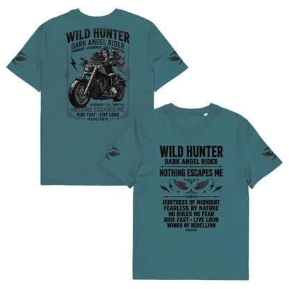 WILD LADY HUNTER T-Shirt - Monotone Biker Graphic Tee | Front, Back & Sleeve Prints | OVERDRIVE Edition | European Fashion Fit