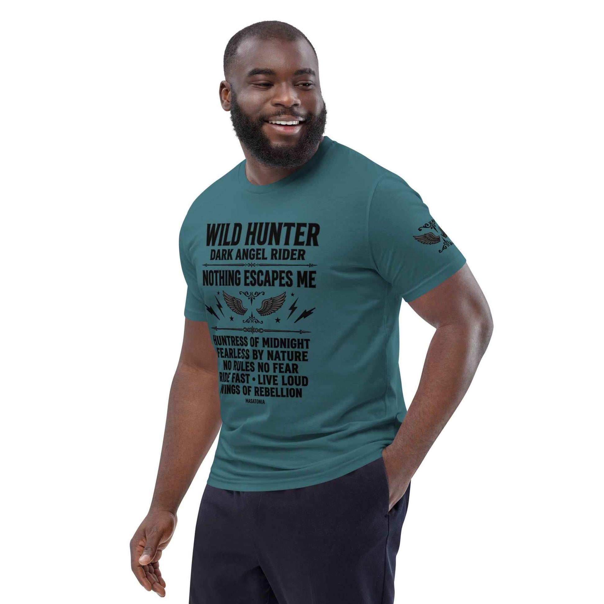 WILD LADY HUNTER T-Shirt - Monotone Biker Graphic Tee | Front, Back & Sleeve Prints | OVERDRIVE Edition | European Fashion Fit