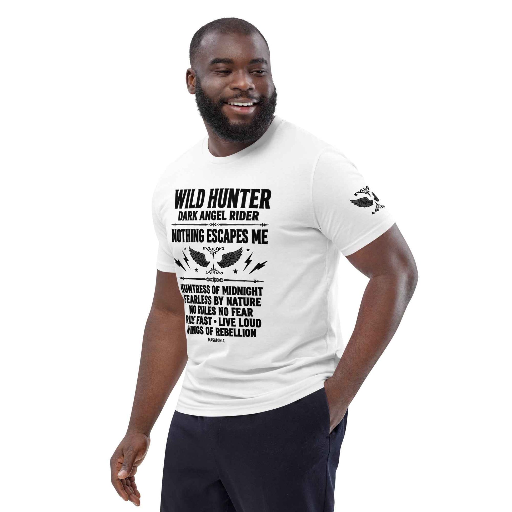 WILD LADY HUNTER T-Shirt - Monotone Biker Graphic Tee | Front, Back & Sleeve Prints | OVERDRIVE Edition | European Fashion Fit