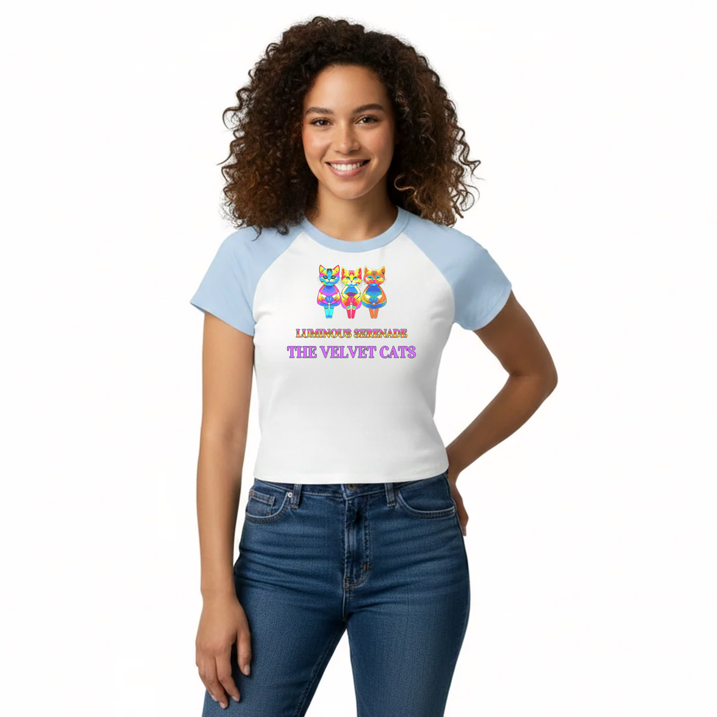 Luminous Serenade Psychedelic Cat Raglan Baby Tee – Y2K Retro Pop Art Women's Tee