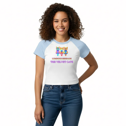 Luminous Serenade Psychedelic Cat Raglan Baby Tee – Y2K Retro Pop Art Women's Tee