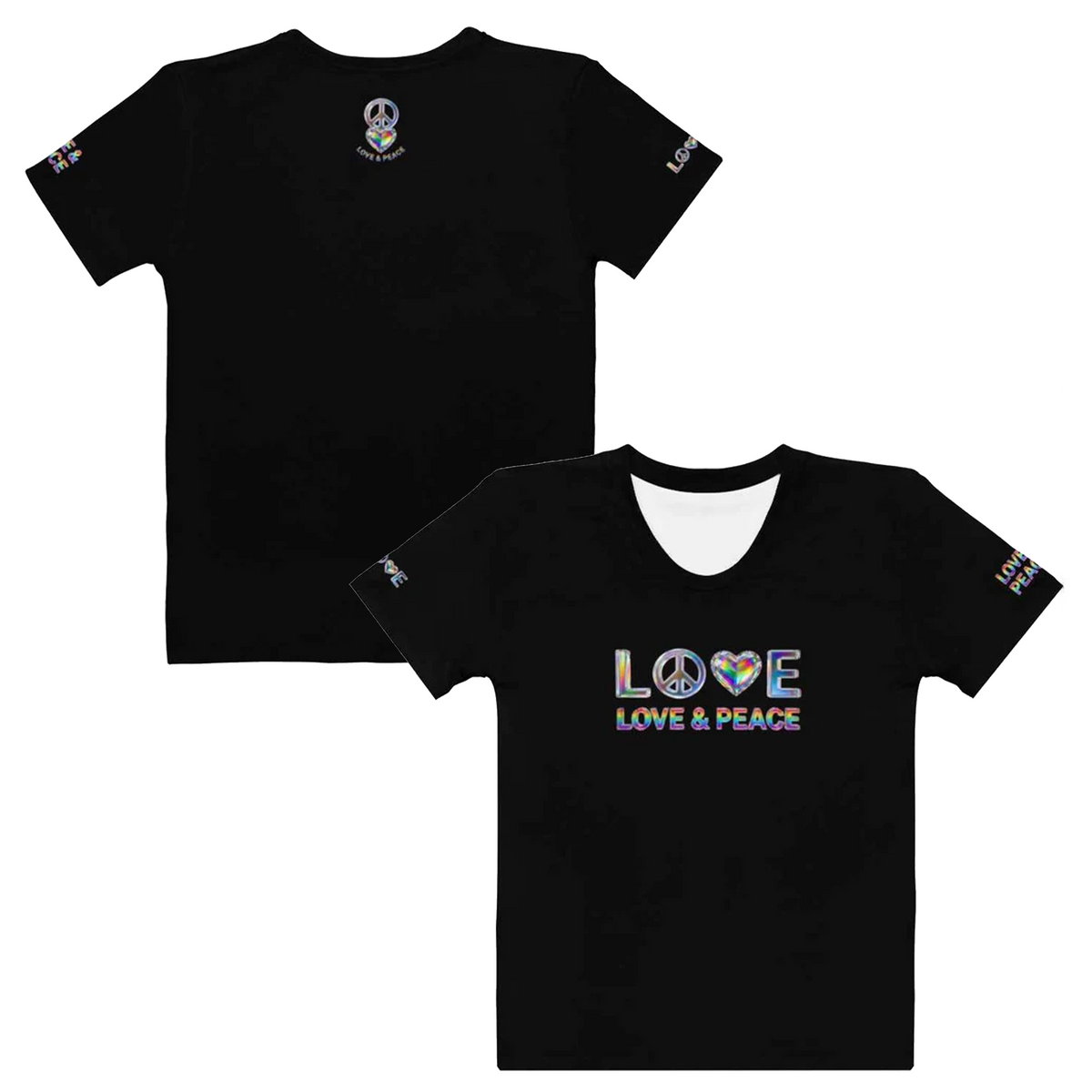 Women's 3D Rainbow Crystal LOVE & PEACE Black Graphic Tee | Holographic Iridescent Streetwear