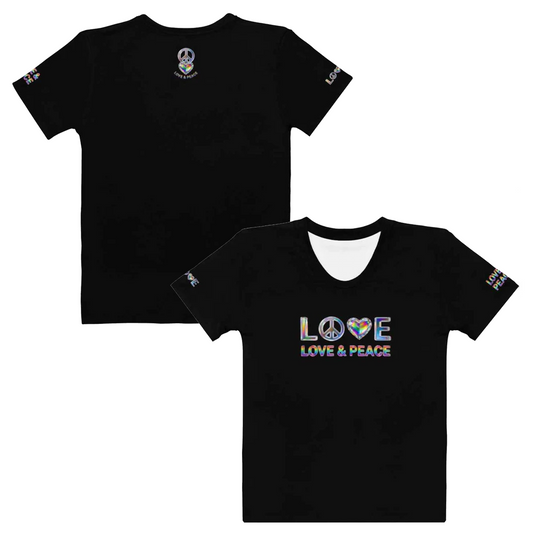 Women's 3D Rainbow Crystal LOVE & PEACE Black Graphic Tee | Holographic Iridescent Streetwear