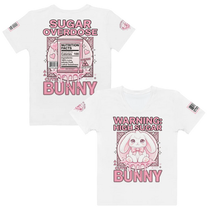 SUGAR HAZARD Y2K Kawaii Streetwear Graphic T-Shirt – Cute Bunny Warning Label Women's Tee